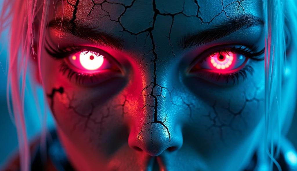 "A close-up of a cyberpunk-inspired face, combining human and mechanical elements. The skin is cracked and metallic, with neon lights glowing through the cracks. One eye is a glowing cybernetic implant, while the other retains a menacing human glare. The hair is made of sleek, metallic fibers that catch the neon light. The style should be vibrant and futuristic, with a strong contrast between the dark metal and the bright neon lights."