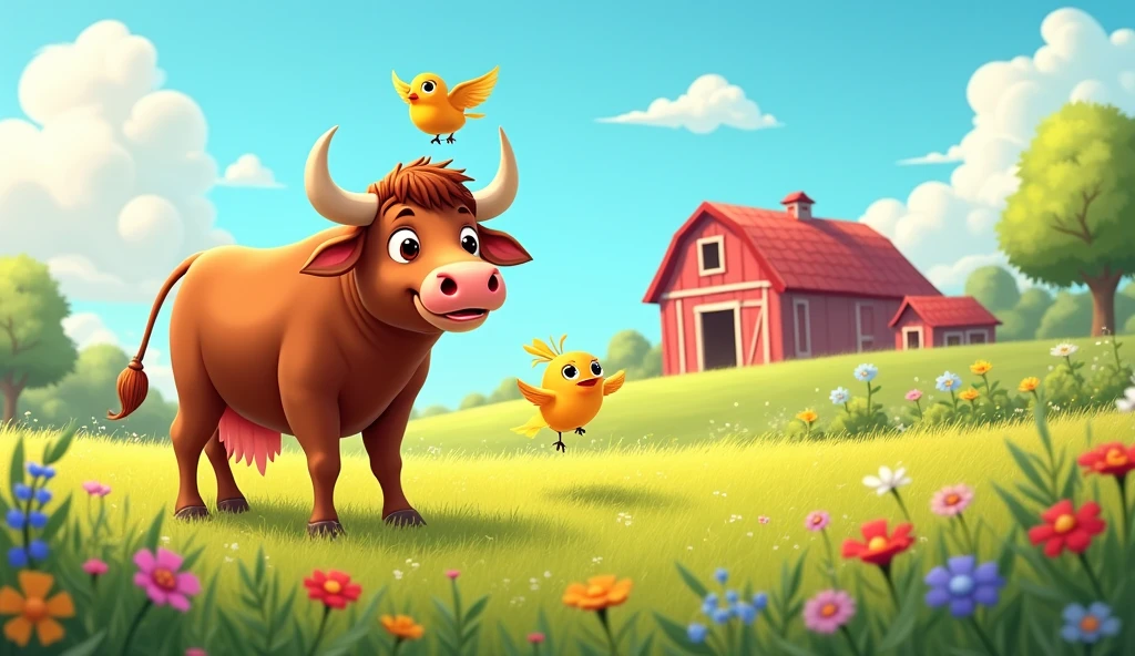  bull and sparrow in vibrant farmyard sparrow and bull  go to west in farm  for kids cartoon
