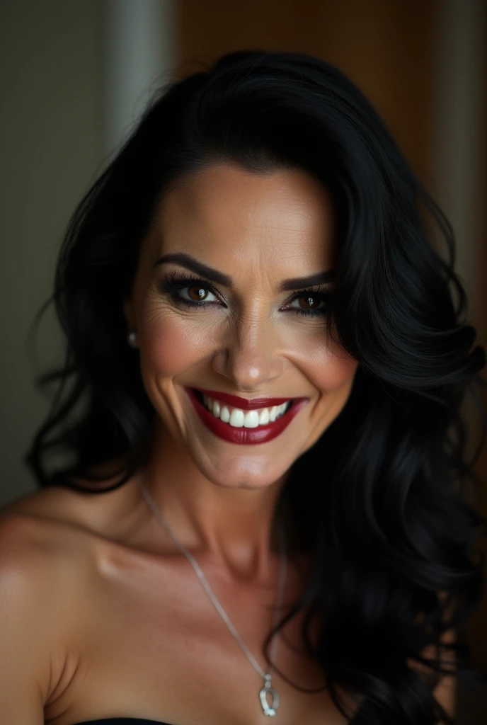 Female dominatrix aged 60, thin very white wrinkles, fully body pose, NUDE, pose sexy, smiling showing teeth, heavy makeup with long black hair and black eyes looking at the camera, detailed photo, realistic lighting, top quality real skin: 1.4, Enhanced cinematic lighting: 0.9,hyperrealisti: 1.4, (soft lighting: 1.05) moving figure, sexy dominant pose, domination, mistress, BDSM