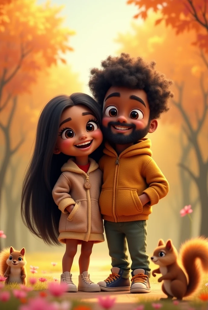 Create a Pixar-style image of a couple, the girl with brown skin, long straight black hair, big brown eyes, and thin eyebrows, the fat boy with dark skin, small brown eyes, thick eyebrows, a round nose and a beard