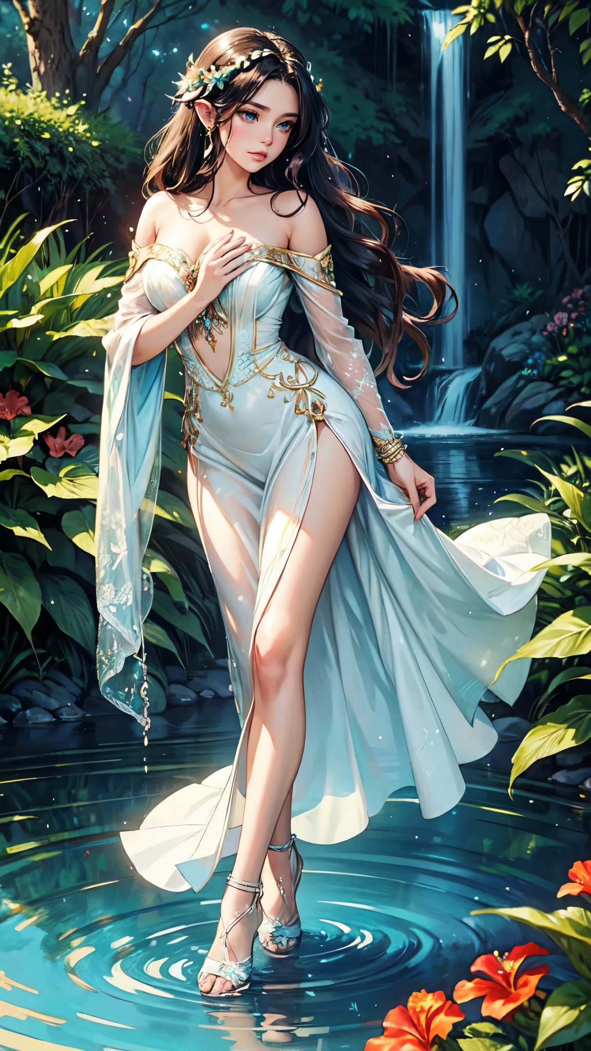 woman,detailed face,detailed eyes,sparkling dress,vibrant background,water element,cascading water drops,glowing lights,dreamy atmosphere,crystal-clear reflections,ethereal beauty,dramatic colors,gleaming jewels,soft and flowing lines,delicate details,wavy hair,subtle makeup,fair complexion,serene expression,focused gaze,lush greenery,sunlit garden,tranquil waterfalls,majestic hibiscus flowers,dancing butterflies,enchanted garden vibes,whispering breeze,sun-kissed skin,effortless grace,graceful movements,endless echoes of laughter,magical femininity,heavenly glow,exquisite elegance,fascinating charm,mystical aura,timeless beauty,enchanted moments,perfection in every stroke,etailed eyes, detaield hands, detailed face, elf woman, full body
