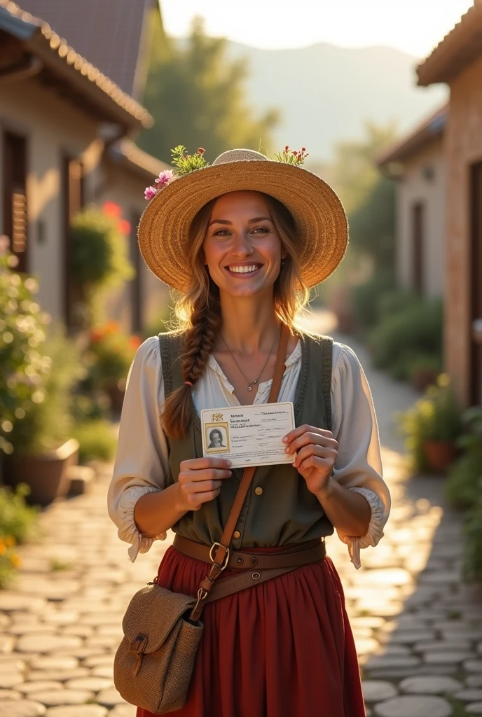 A real adult peasant woman wearing a hat, happy with her first driver's license
