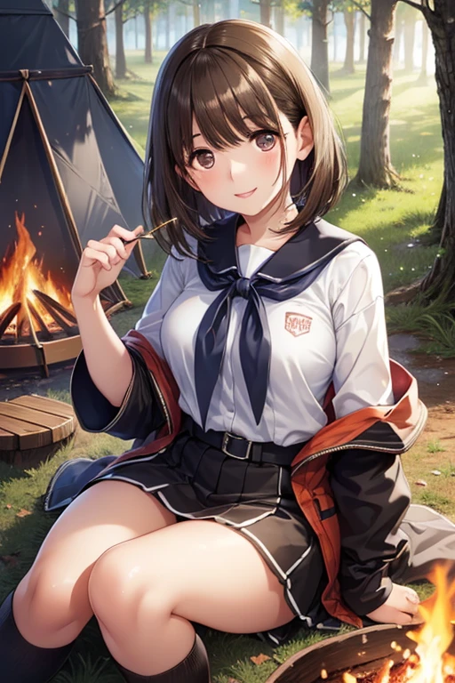 anegasaki nene、Shiny brown hair, short hair, (Beautiful brown eyes、Sparkling eyes, Fine grain)、smile、Ultra-detailed eyes、Highly detailed face, Highly detailed eyes,




One Girl, Sit down, camp site, Plein Air, forest, campfire,Annealing, Highest quality, Ultra-high resolution,Realistic，warm，watch the bonfire