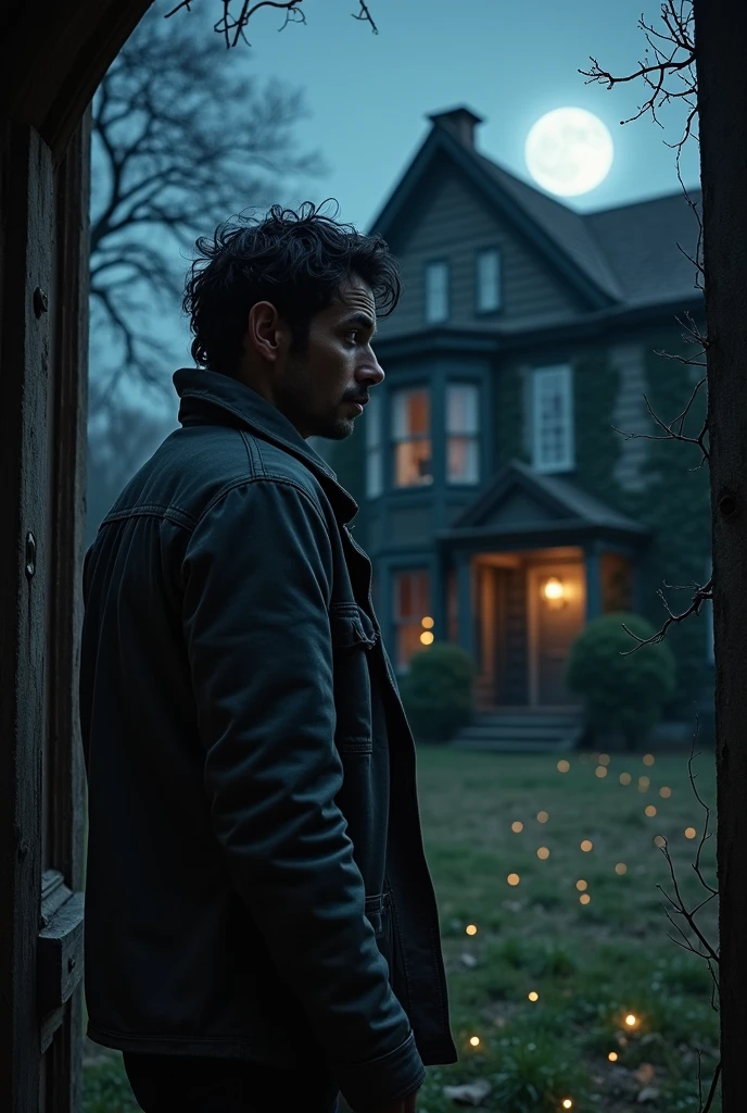 Create an image in the foreground of a man opening a door of an old abandoned house at night.