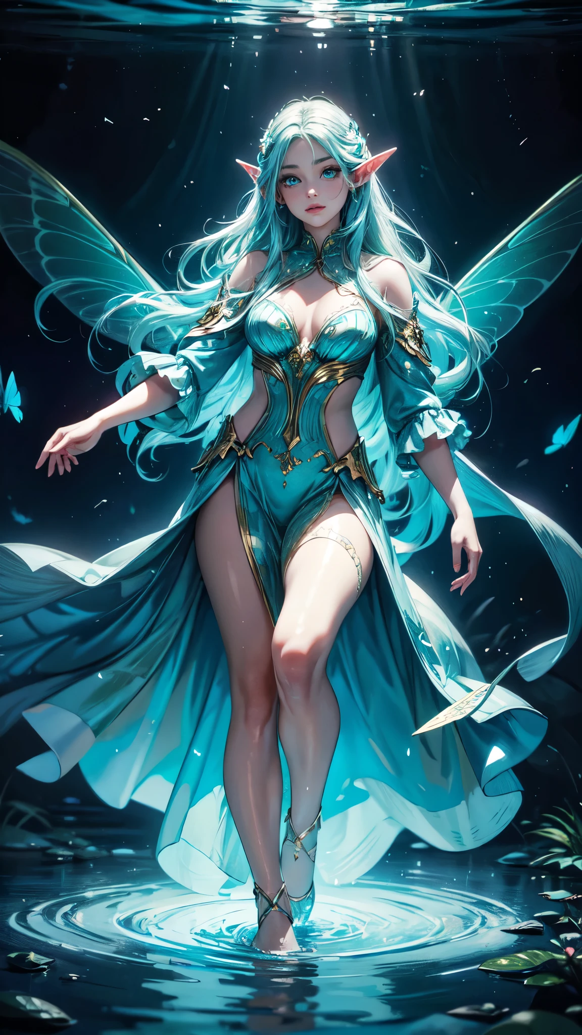 (best quality,highres,masterpiece:1.2),ultra-detailed,realistic,detailed face,butterflies, beautiful eyes, long eyelashes, fairy-like, flowing hair, vibrant colors, glowing neon lights, magical, enchanting scene, water reflection, ethereal atmosphere, woman standing in water, graceful pose,etailed eyes, detaield hands, detailed face, elf woman, full body