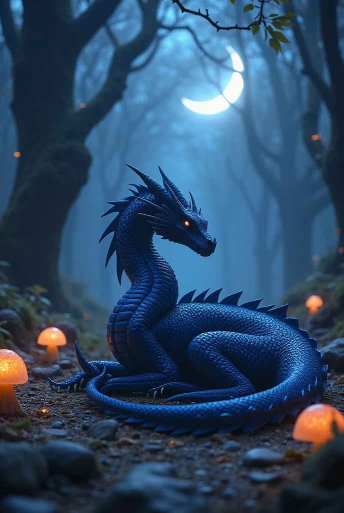 A dark blue dragon, lying on the ground with his mouth closed and 