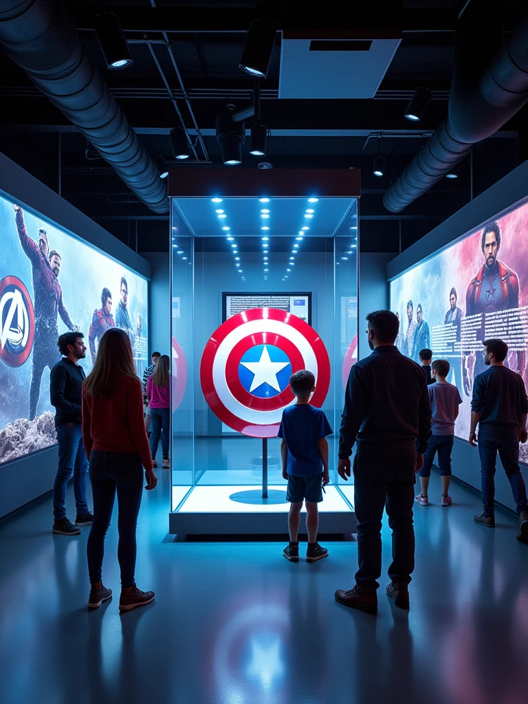 Scene: *An exhibit at the Avengers Museum featuring Captain America's shield

At the center of a sleek, modern museum, a glass display case houses Captain America's iconic shield. The exhibit is lit with soft, focused lights, making the shield's vibrant red, white and blue colors shine. The shield is slightly tilted, allowing visitors to appreciate its perfectly circular shape and the star at its center. Around the exhibit, interactive screens provide information about the shield's history and its role in various Avengers missions. The room is designed with a futuristic, yet sleek aesthetic, with clean lines, metallic finishes and holographic elements that give the space a high-tech feel. In the background, large banners featuring the Avengers logo and images of the team members hang on the walls, adding to the heroic atmosphere of the exhibit. Visitors, some wearing Avengers merchandise, can be seen admiring the shield and reading the information displayed