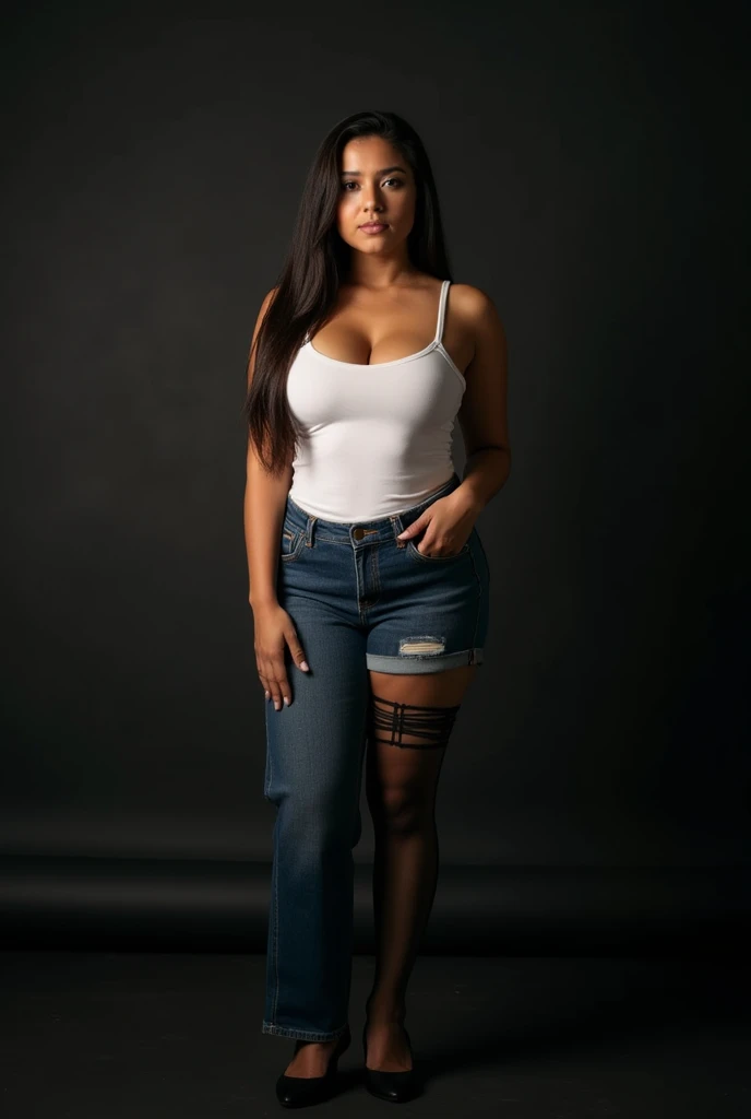 24-year-old girl (long, straight, loose hair). Wearing white tank top, cleavage, ((natural big breast, big thigh, chubby body)), ((wearing long denim pants, bpack stockings, black garter)). Standing posture. Dark background. (Latina woman).Wide view