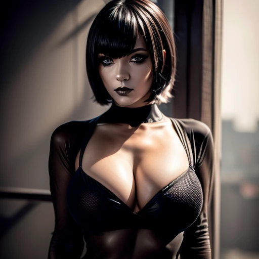 chibi, Beautiful girl , sexy busty, Short hair with bangs, full body portrait , NSFW , gothic makeup high resolution 12k , perfect detailed