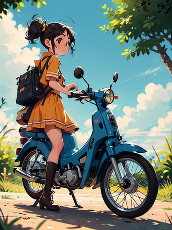 32K，UHD High Resolution，Octane Rendering，steampunk，(Hyper Detail: 1.2)，Girl riding a Super Cub、morning，morning靄，cute，Very short stature，Thin thighs，Loading a lot of luggage into a small yellow Super Cub，Short dress，Semi-long twin tail hair，Black Hair，goggles，Black boots，Super Cub Details，Head to the beach campsite，Medium shot from behind,