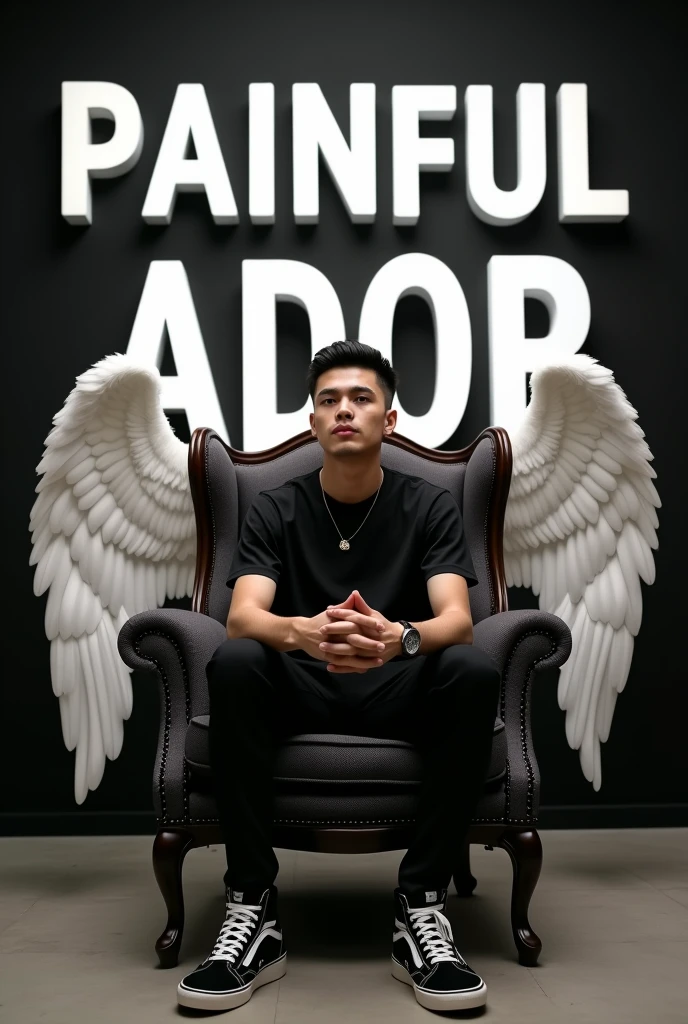 Create a 3D illusion for a picture where a boy 30 years in a black shirt sits casually on a Wingback Chair. Wearing sneakers ,, and , he looks ahead. The background features "painfull Ador" in big and capital white fonts on the black wall. There should not be his shadow, and there are wings to make it appear as if he is an angel.