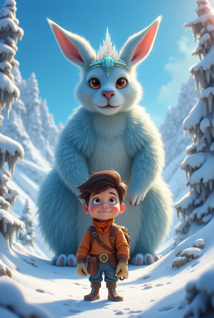 Young adventurer against the giant kangaroo queen snows in Disney Pixar style.