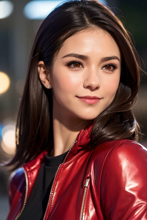 Best quality, realistic, from the front in first person, Nina Dobrev on the streets of Los Angeles, (a female mexican Supermodel), (Sexy Red Shiny Down Jacket :1.1), split, seductive smile, (dark hair), (hairstyle:1.0), Perfect eyes, sharp parts, detailed face, face-makeup, cheeks turn red, Eyeliner, eyeshadow, lip gloss, Supermodel, (Deep Focus), (hard lighting), (Night time), (realistic lighting:1.0)