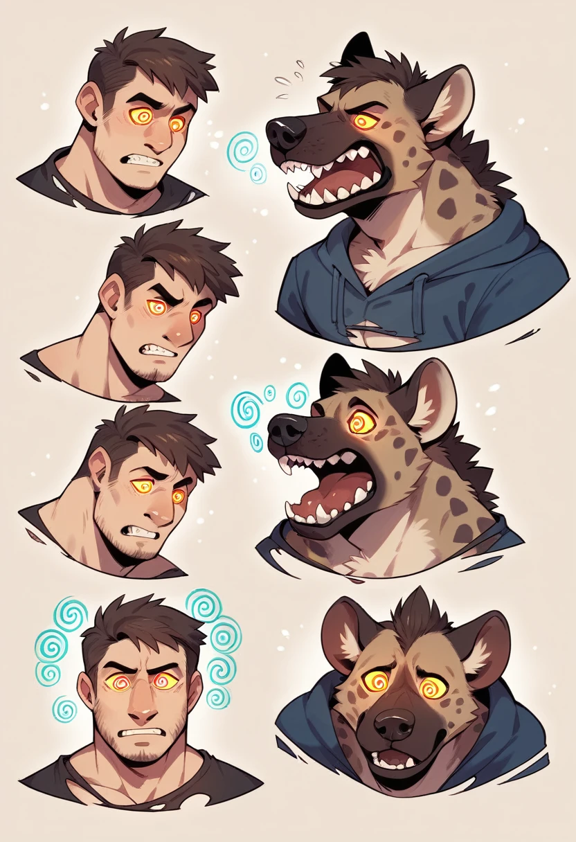 Male, hyena, furry, canine, shirtless, ripped clothing, hyena transformation, human, bright glowing eyes, confused expression, canine penis, sheath, sharp teeth, detailed mouth, hypnosis, hypnotic eyes, bright glowing eyes, transformation sequence, transformation series