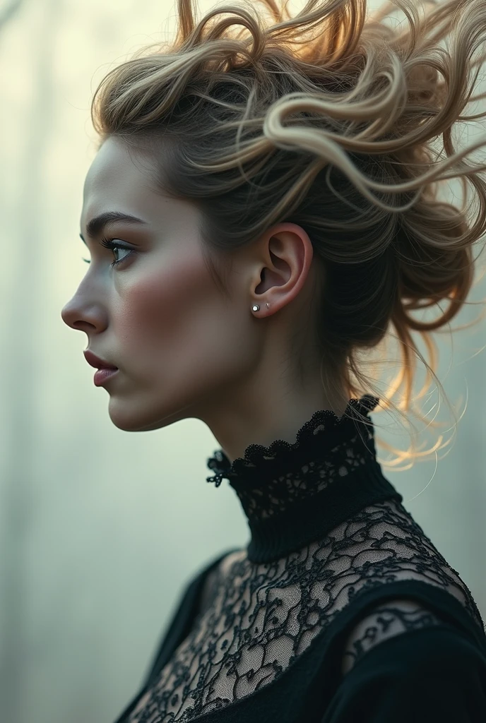 (Photorealism:1.1) goddess, portrait, Close-up, high lace collar, portrait в три четверти, moody lighting, without double exposure