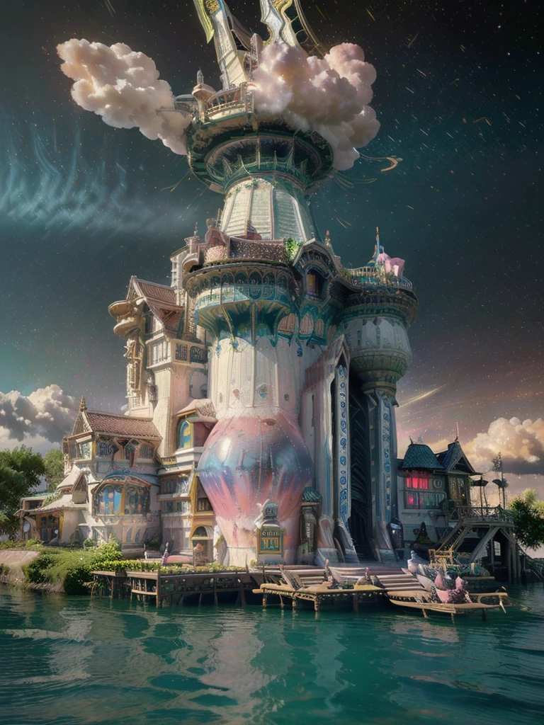 (8k, highest quality, masterpiece, final fantasy style: 1.2), (unRealistic, photoRealistic: 1.37), Dreamy landscape, Fantasy, Unsurreal landscapes, Super detailed, Flying Castle, Floating Island in the Sky, Seven-colored swirl of light, Intense lightning, milky way, Complex Light, Colored light, Large Lake, Starry sky reflected on the lake surface, Countless shining stars, Meteors, Reflections , (A pillar of light emanated from the ground:1,2), (((roses and orchids gardens , bright day , pink clouds, waterfalls in the sky, realistic style, Hyperrealism drawing, a flying pirate spaceship floating above the clouds)))) , burning skyscrapers, , timeless realms, stunning princess , casting spell, healing light magic effect, in a magical lagoon of the fairyland, crystal clear water surface reflections, sharp focus, looking at viewer, (close-up:0.9), (bright white theme:1.2), (bright white tone:1.2), (deep blue tone:1.3),((( realistic, Hyperrealism, vivid colours , landscapes , alien cyborgs , science fiction themes))),
