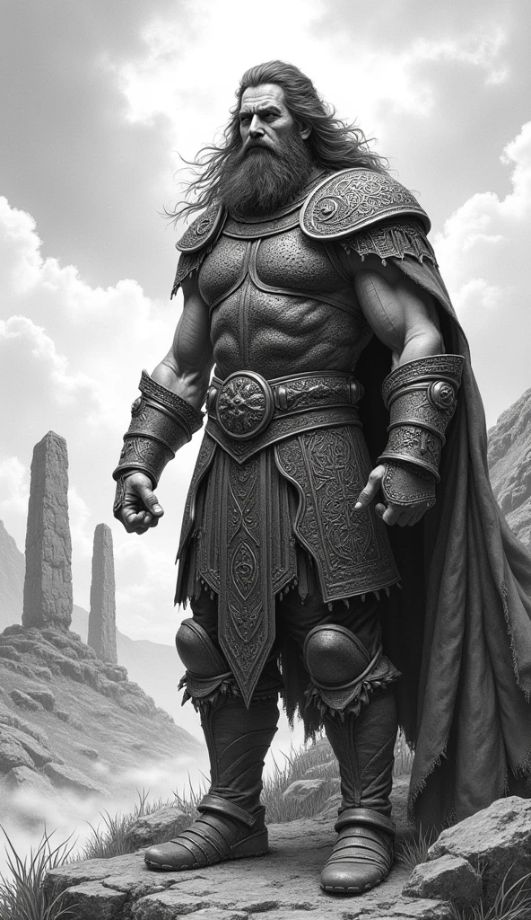 best quality, realistic, masterpiece, extremely detailed, an extremely delicate and beautiful, dynamic, realistic anatomy, perfect anatomy, highly detailed, breathtaking.

A stunning fine line drawing in the style of Frank Brunner, depicting Bran Mak Morn. The image should capture the dark, brooding intensity of Bran Mak Morn, the last king of the Picts. He stands resolute and powerful, clad in ancient warrior armor with intricate Celtic designs, his muscular form exuding strength and determination. His long hair flows wildly, and his piercing eyes reflect a fierce, unyielding spirit. The background features a rugged, mist-shrouded landscape, with ancient stone circles and a dark, foreboding sky. The detailed line work and dynamic composition should emphasize the raw energy and heroic stature of Bran Mak Morn, staying true to Frank Brunner's distinctive style.

