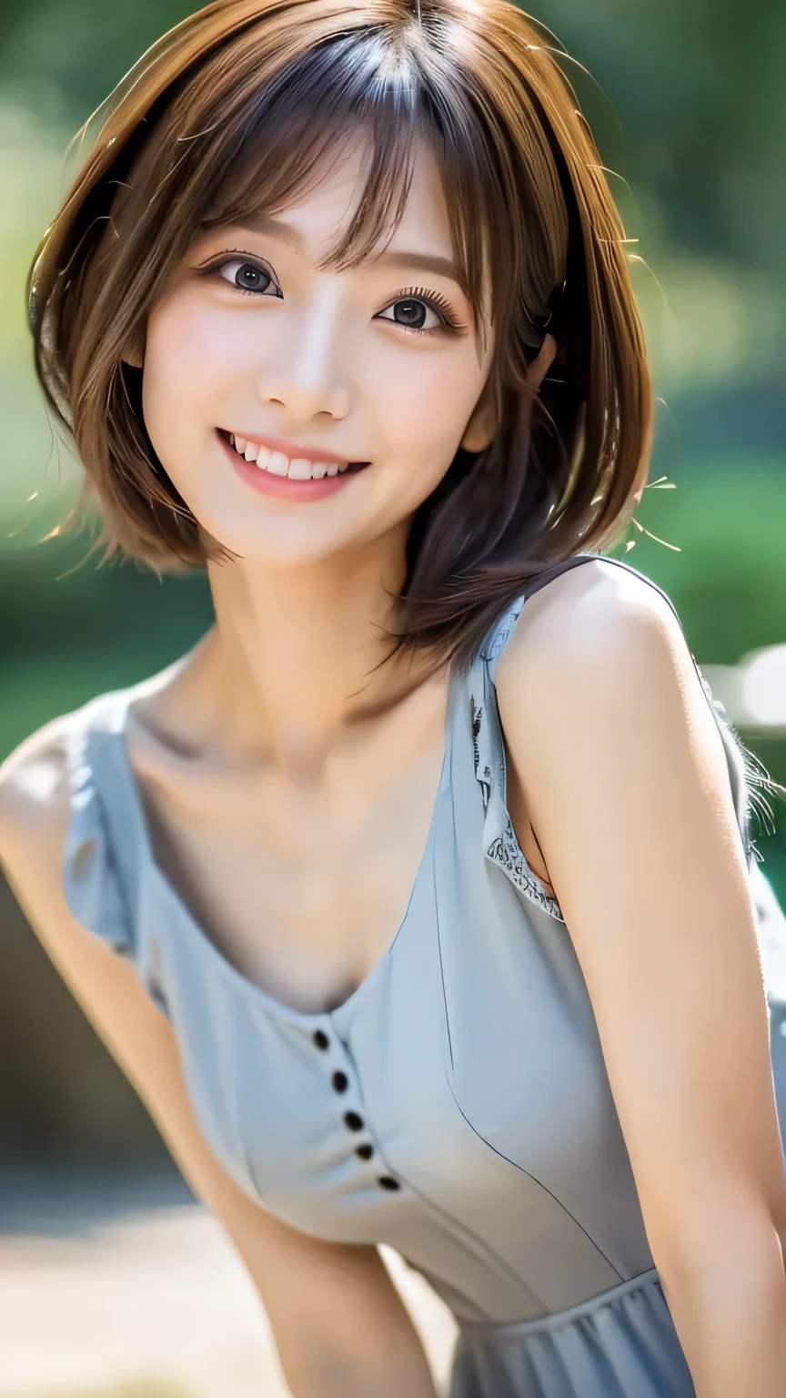 masutepiece, Best Quality, Photorealistic, Ultra-detailed, finely detail, High resolution, 8K Wallpaper, 1 beautiful woman, Wearing sleeveless fashionable clothes, cleavage, at campus, light brown short messy hair, Perfect dynamic composition, Beautiful detailed eyes, Smiling happily, Perfect teeth visible, foco nítido, Detailed skin texture, detailed hairs