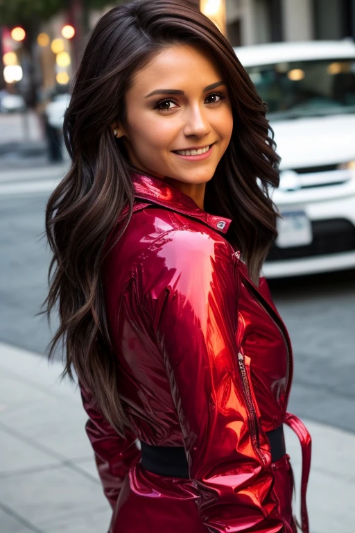 Best quality, realistic, from the front in first person, Nina Dobrev on the streets of Los Angeles, (a female mexican Supermodel), (Sexy Red Shiny Down Jacket :1.1), split, seductive smile, (dark hair), (hairstyle:1.0), Perfect eyes, sharp parts, detailed face, face-makeup, cheeks turn red, Eyeliner, eyeshadow, lip gloss, Supermodel, (Deep Focus), (hard lighting), (Night time), (realistic lighting:1.0)