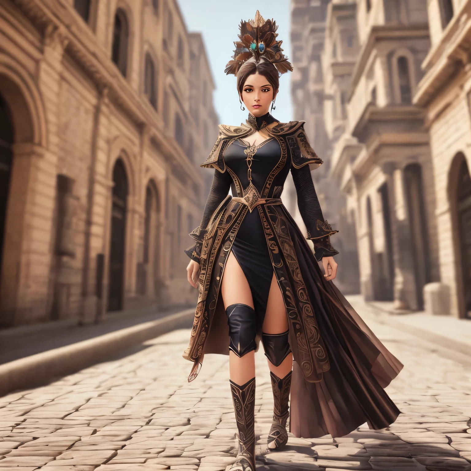28-years-old girl, intricate steampunk clockwork automaton details, Gorgeous and vibrant colors, bright appearance, happy, smile, centered, equidistant, vibrant, lifelike, 8k, vignette, menacing look, wrapped up, golden headdress, desert oasis background, Unreal Engine 5, 3D, cinematic lighting