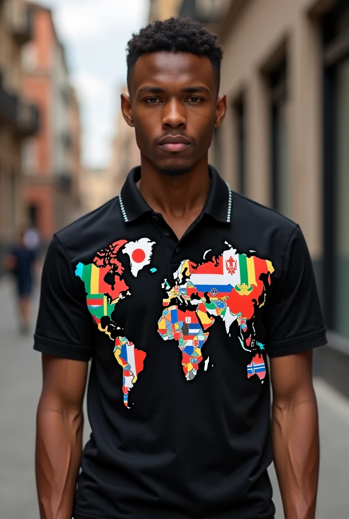 Plain black polo shirt having flags of many countries arranged infront and hand in HD