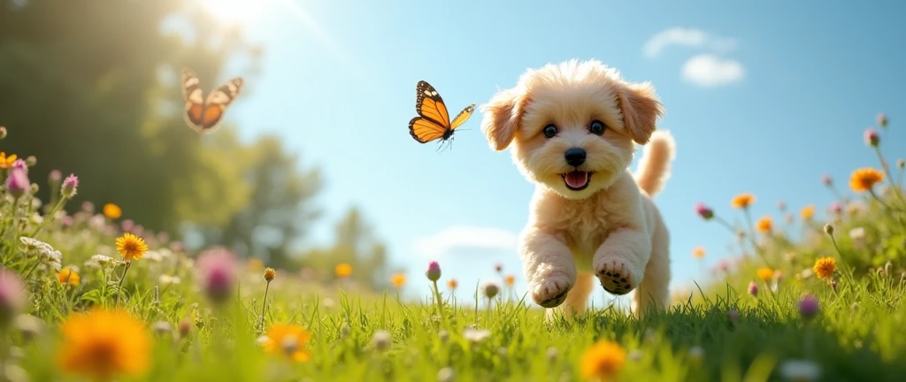 Toy poodle dog playing located to the right of the image