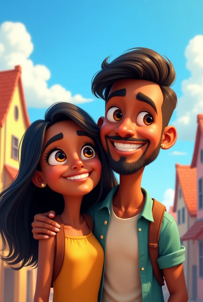 Create a Pixar-style image of a couple, the girl with brown skin, long straight black hair, big brown eyes, and thin eyebrows, The fat boy with dark skin, small brown eyes, thick eyebrows, a round nose, a beard, and a low haircut.