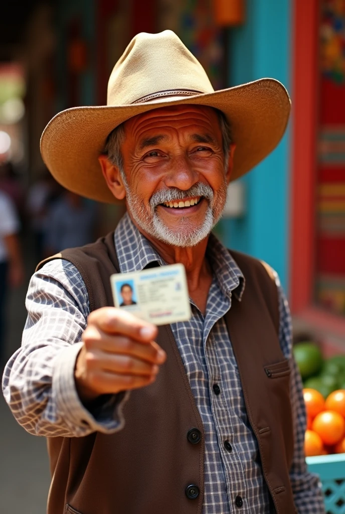 Happy elderly Guatemalan man in a cowboy hat with his driver's license

