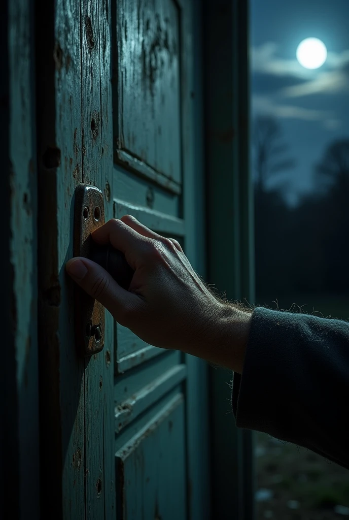 Create a close-up image of a hand on the doorknob opening a door of an old, abandoned house at night