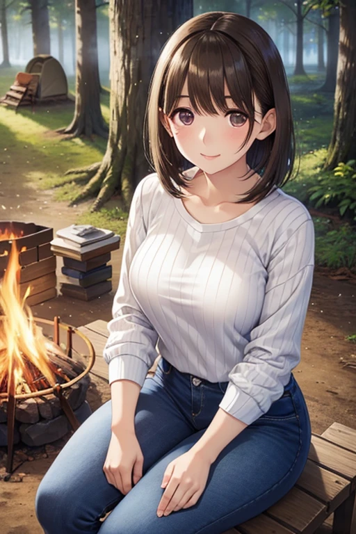 anegasaki nene、Shiny brown hair, short hair, (Beautiful brown eyes、Sparkling eyes, Fine grain)、smile、Ultra-detailed eyes、Highly detailed face, Highly detailed eyes,




One Girl, Ribbed knitting、Denim pants、Sit down, camp site, Plein Air, forest, campfire,Annealing, 


Highest quality, Ultra-high resolution,Realistic，warm，watch the bonfire