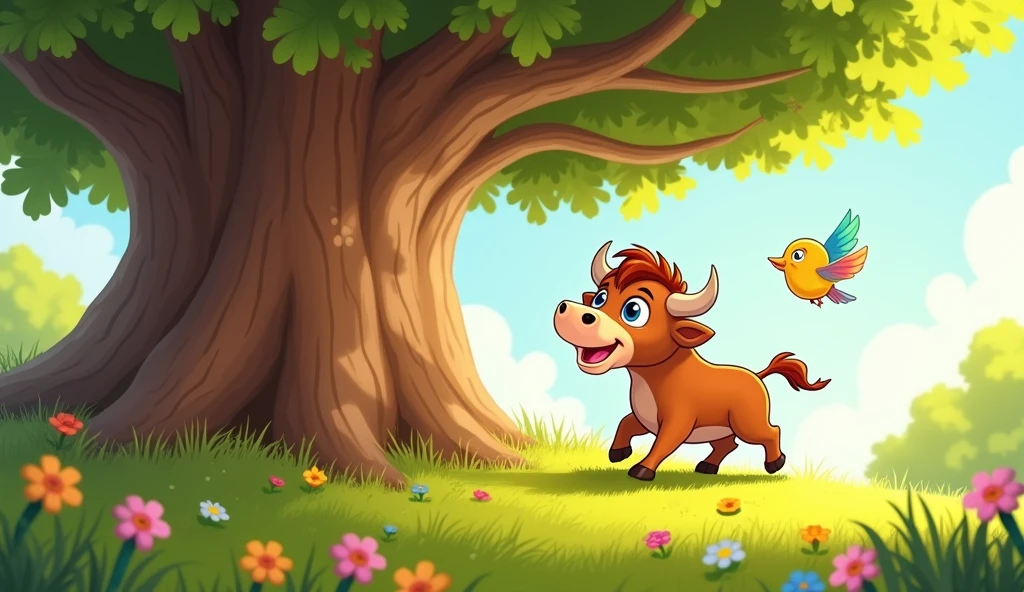   sparrow and bull  reached to a oak tree in farm  for kids cartoon
