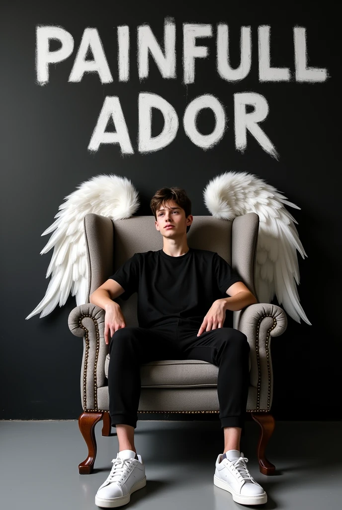 Create a 3D illusion for a picture where a boy 30 years in a black shirt sits casually on a Wingback Chair. Wearing sneakers ,, and , he looks ahead. The background features "painfull Ador" in big and capital white fonts on the black wall. There should not be his shadow, and there are wings to make it appear as if he is an angel.