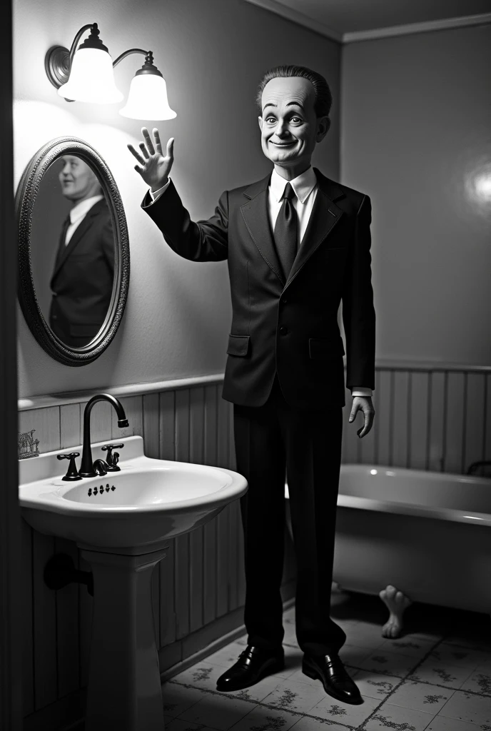 Create a black and white image in a vintage style from the 1940s, showing a bathroom in an old house from the era. In the scene, place a male doll the size of an adult man (approximately 6 feet tall), dressed in a suit, with a face that conveys a frightening look and a sinister smile. The doll should be waving and saying 'hello', adding an element of horror to the nostalgic atmosphere of the bathroom. The bathroom should have features and furnishings typical of the 1940s, such as a sink with an antique mirror, a free-standing bathtub, and tiles or flooring with period patterns.