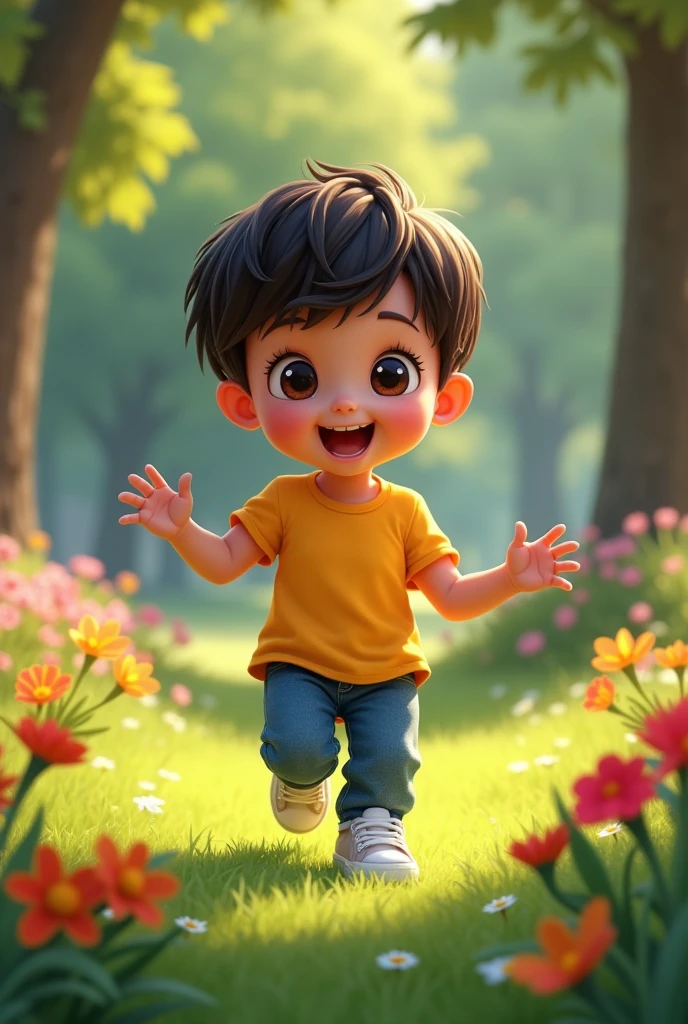 Two-year-old Disney-style boy with fair skin, dark blond straight hair, dark brown eyes, thin lips
Wearing a yellow t-shirt and denim pants with white sneakers playing in a park 