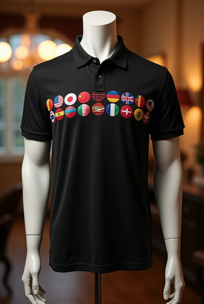 Plain black polo shirt having flags of many countries arranged infront and hand in HD