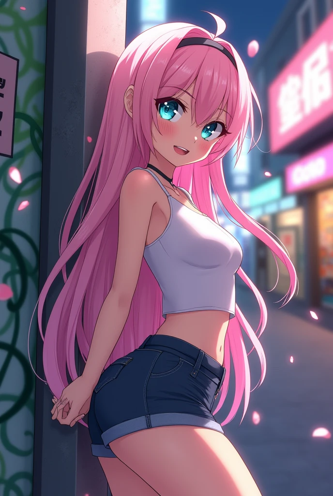 masterpiece, best quality, (1 girl:1.5), nice hips, slut, slutty bimbo clothes, medium breasts, smile, slut, young girl, bratty girl, wide hips, (white tube top), (pink shorts), midriff, (alley), neon lights, detailed eyes, pink and white outfit, straight hair, brunette, slutty facial expression, open fly, smiling, (offering sex), (loose hair), straight hair, looking at viewer, choker, pussy peek, solo, neon light billboard, red light district, prostitute, (standing), pricelist,