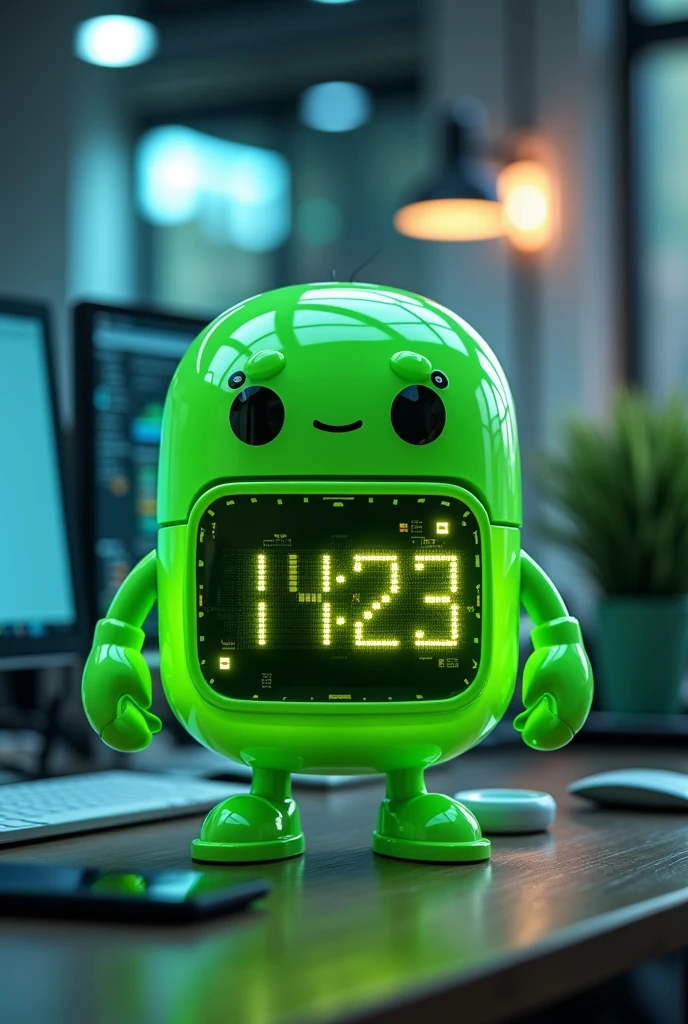 create a green mascot for the digital point company in the shape of a digital clock called Icarus