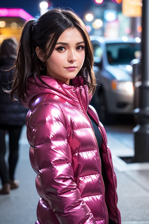 Best quality, realistic, from the front in first person, Nina Dobrev on the streets of Los Angeles, (a female mexican Supermodel), (sexy pink shiny puffer jacket :1.1), split, seductive smile, (dark hair), (hairstyle:1.0), Perfect eyes, sharp parts, detailed face, face-makeup, cheeks turn red, Eyeliner, eyeshadow, lip gloss, Supermodel, (Deep Focus), (hard lighting), (Night time), (realistic lighting:1.0)