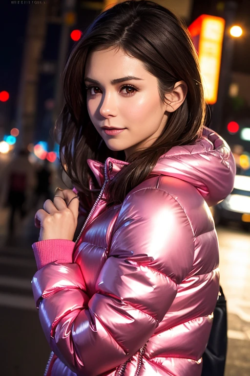 Best quality, realistic, from the front in first person, Nina Dobrev on the streets of Los Angeles, (a female mexican Supermodel), (sexy pink shiny puffer jacket :1.1), split, seductive smile, (dark hair), (hairstyle:1.0), Perfect eyes, sharp parts, detailed face, face-makeup, cheeks turn red, Eyeliner, eyeshadow, lip gloss, Supermodel, (Deep Focus), (hard lighting), (Night time), (realistic lighting:1.0)