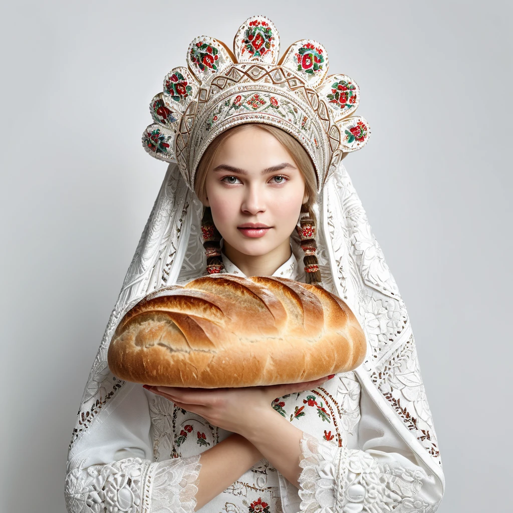 Russian girl with traditional kokoshnik headdress, clasping a loaf of bread at waist height, against a stark white backdrop, embodying a cultural icon, attire rich with intricate Slavic patterns, bread textured, depicting rustic charm, ultra realistic, soft natural light, high-key photography.