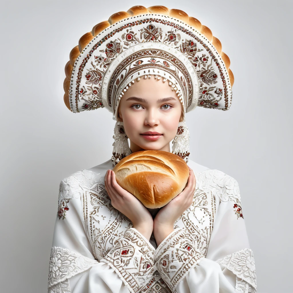Russian girl with traditional kokoshnik headdress, clasping a loaf of bread at waist height, against a stark white backdrop, embodying a cultural icon, attire rich with intricate Slavic patterns, bread textured, depicting rustic charm, ultra realistic, soft natural light, high-key photography.