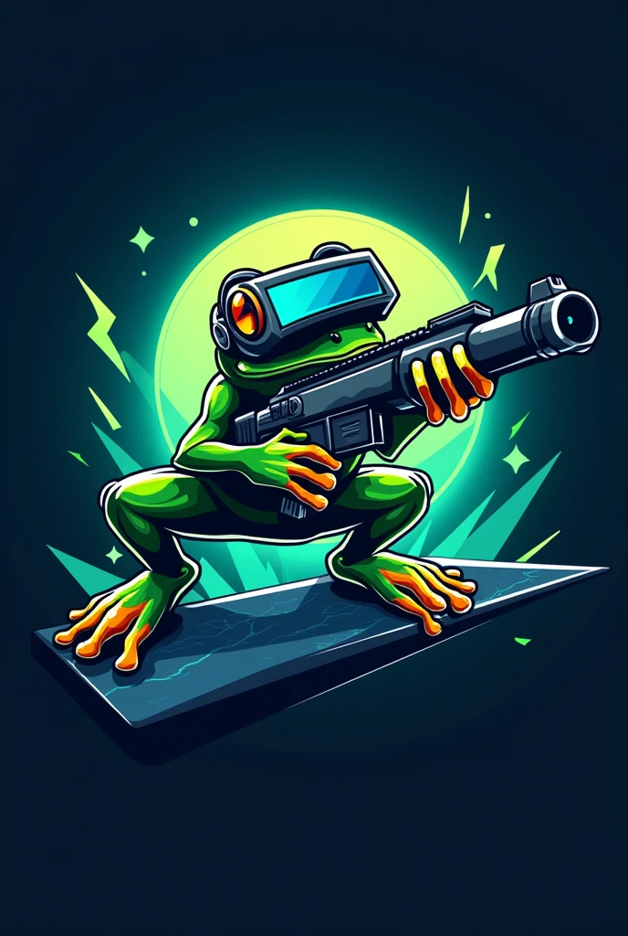 Logo d'e-sport simple d'une grenouille avec un casque de réalité virtuelle sur le visage prêt à bondir d'un rebord avec une arme dans les pattes