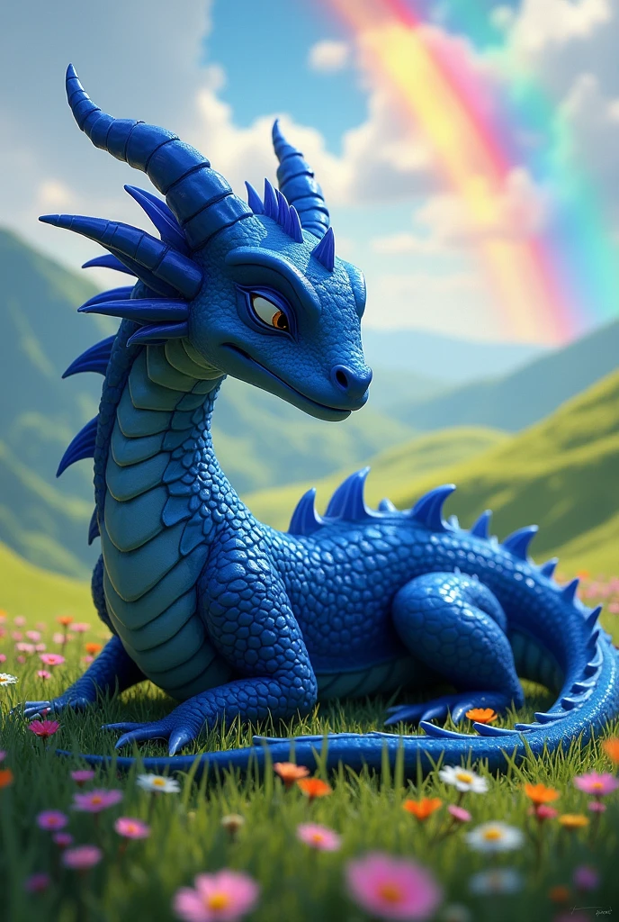A dark blue dragon lying on the ground, Tranquil, with a rainbow above your head.