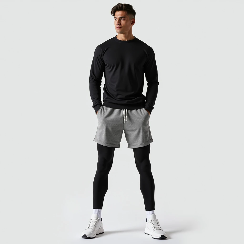 Best image quality, Ultra-high resolution, photograph,1 male,Muscular,Long legs,Are standing,Grey sweatshirt shorts,Black long-sleeved undershirt,Black long tights,White socks,White sneakers