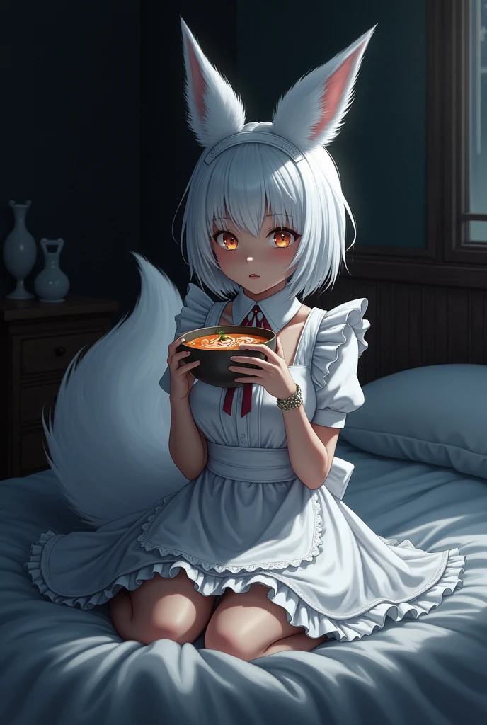 female, white and fluffy fox ears, white and fluffy fox tail, attractive, white maid outfit, dark and scary walls in backround, sitting on big and dark bed, holding a warm bowl of soup