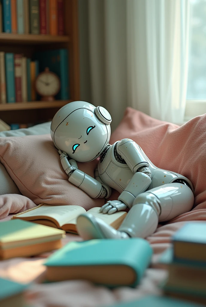 A beautiful robot girl in a lovely pajama slept amongst the prepared lesson books.