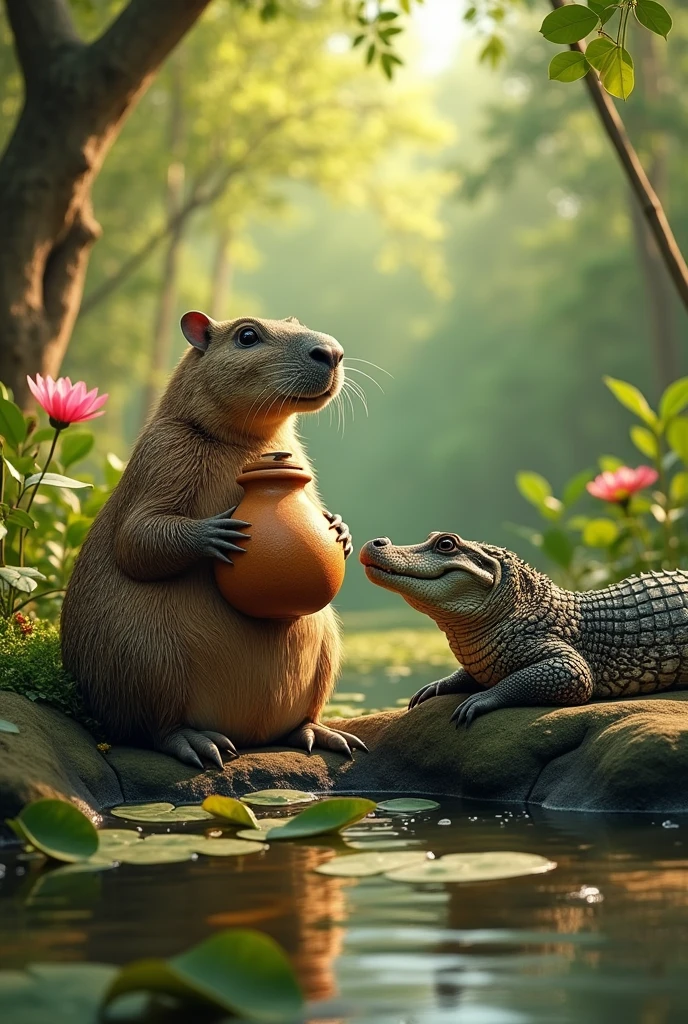 Capybara drinking mate with a caiman