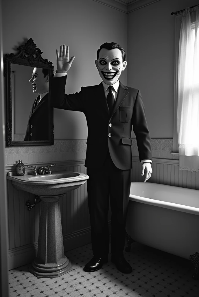 Create a black and white image in a vintage style from the 1940s, showing a bathroom in an old house from the era. In the scene, place a male doll the size of an adult man (approximately 6 feet tall), dressed in a suit, with a face that conveys a frightening look and a sinister smile. The doll should be waving and saying 'hello', adding an element of horror to the nostalgic atmosphere of the bathroom. The bathroom should have features and furnishings typical of the 1940s, such as a sink with an antique mirror, a free-standing bathtub, and tiles or flooring with period patterns.