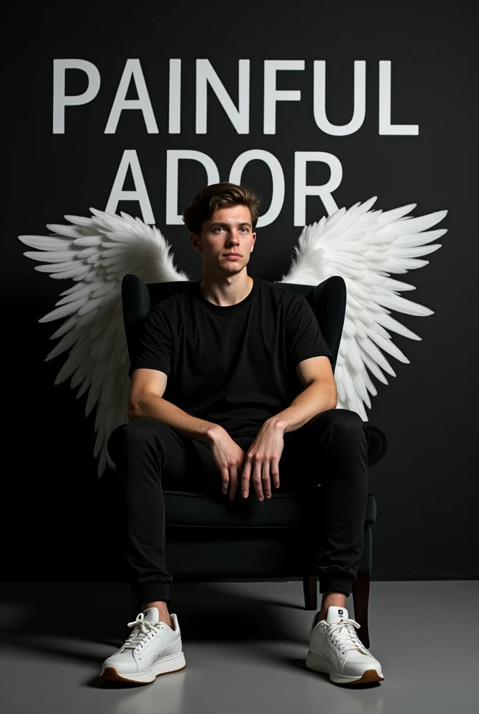 Create a 3D illusion for a picture where a boy 30 years in a black shirt sits casually on a Wingback Chair. Wearing sneakers ,, and , he looks ahead. The background features "painfull Ador" in big and capital white fonts on the black wall. There should not be his shadow, and there are wings to make it appear as if he is an angel.
