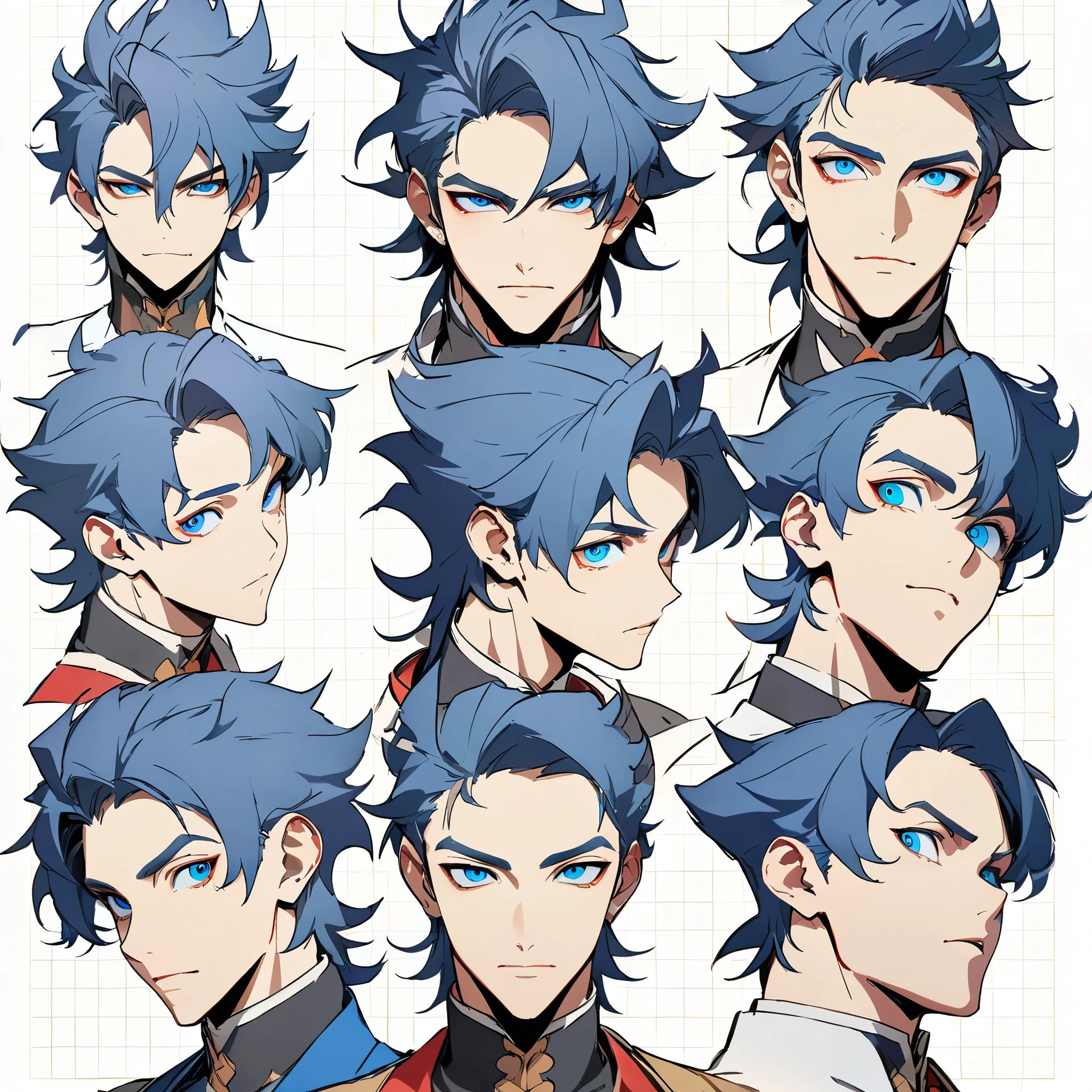 anime boy, dark blue hair, blue eyes, head, same boy, different angles, grid, 9 faces, high quality, concept, handsome, spiky hair, perfect lineart, sharp lineart, best quality, high quality, best quality, ultra-detailed, HD, beautiful lighting,
